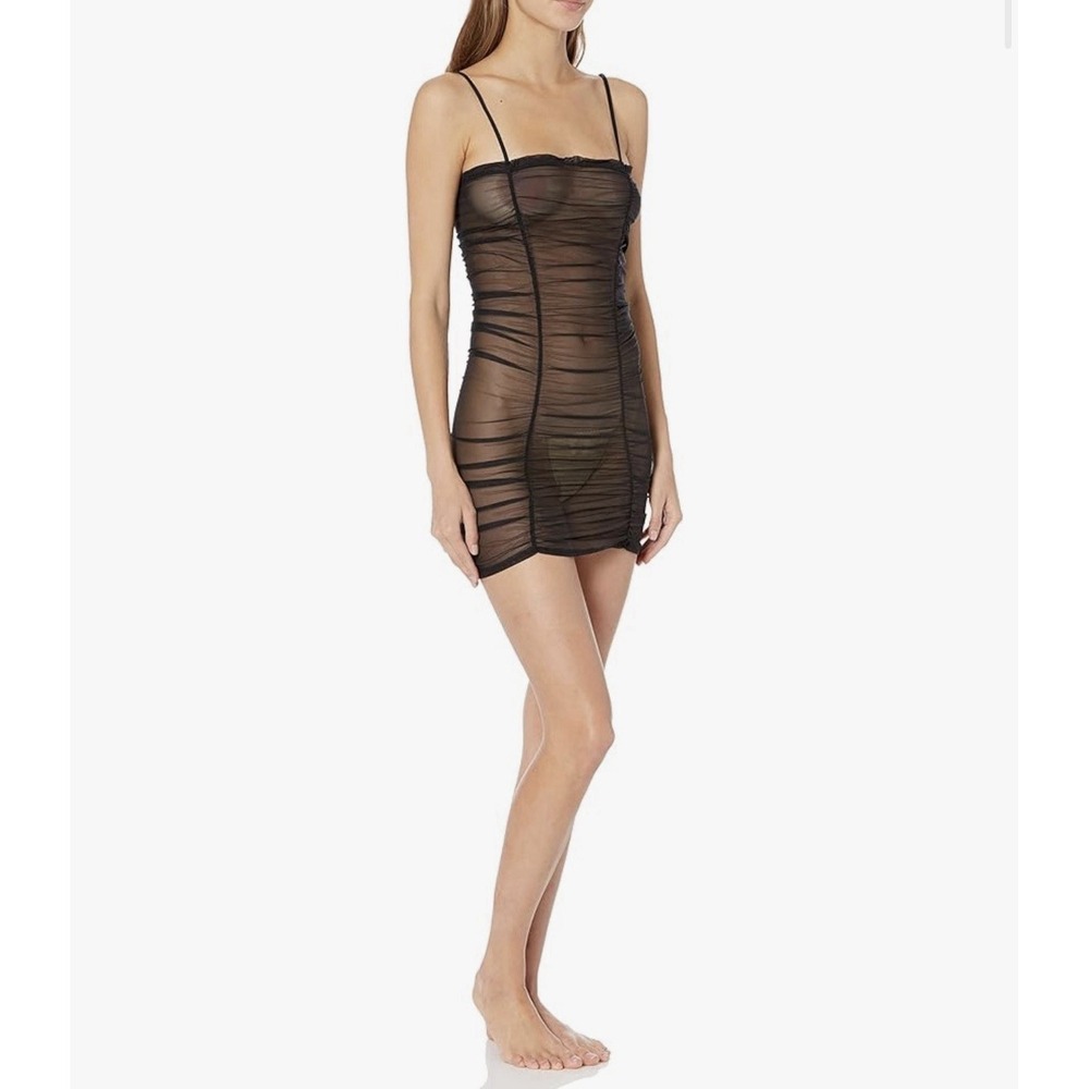 NWOT Savage X Fenty Black Gathered Mesh‎ Ruched Sheer Slip Dress Sz S Lingerie
